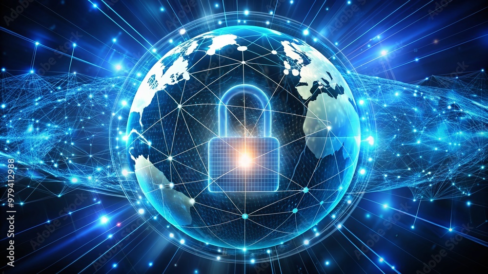 Digital lock and encryption icons surround a glowing globe, representing protection of online data and networks from cyber threats and malicious attacks. Digital lock and encryption icons surround a glowing globe, representing protection of online data and networks from cyber threats and malicious attacks.