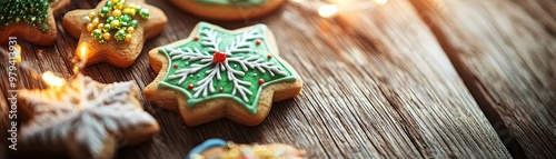 Festively decorated Christmas cookies on a rustic wooden table, perfect for holiday celebrations and sweet treats.
