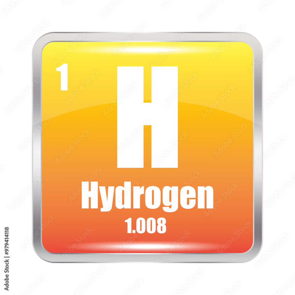 Obraz premium Hydrogen element icon. Yellow and orange square. Chemical symbol H. Atomic number one.