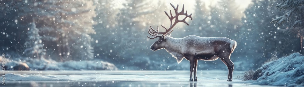 A majestic reindeer standing gracefully near a frozen lake in a serene winter landscape, surrounded by snow-covered trees. A majestic reindeer standing gracefully near a frozen lake in a serene winter landscape, surrounded by snow-covered trees.