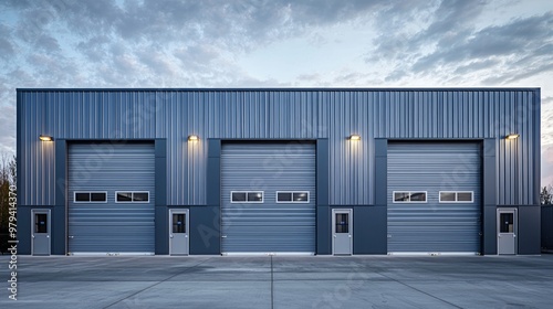 Modern industrial garage doors under blue sky at dusk