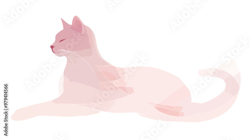 Pink cat on a white background with a smooth veil. Vector illustration.