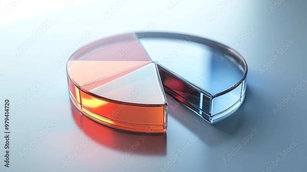 3D pie chart with translucent glass segments, glowing edges, and soft shadows on a reflective surface 3D pie chart with translucent glass segments, glowing edges, and soft shadows on a reflective surface