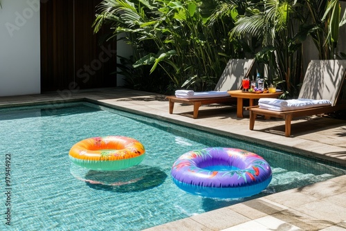 Swimming pool with floats and balls, preparation for pool party.