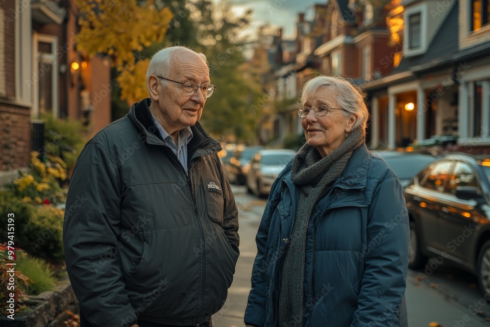 Elderly couple conversing warmly on a suburban street during an autumn evening, reflecting companionship, community, and peaceful living.