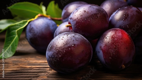 A close-up of ripe plums and prune plums with their deep purple and rich red skins, showcasing their smooth textures and vibrant colors on a rustic wooden surface. photo