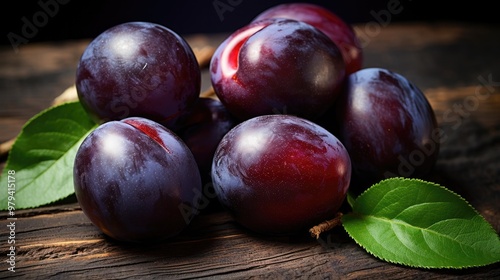 A close-up of ripe plums and prune plums with their deep purple and rich red skins, showcasing their smooth textures and vibrant colors on a rustic wooden surface. photo