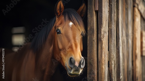 Brown horse looking out from a stable with soft lighting photo