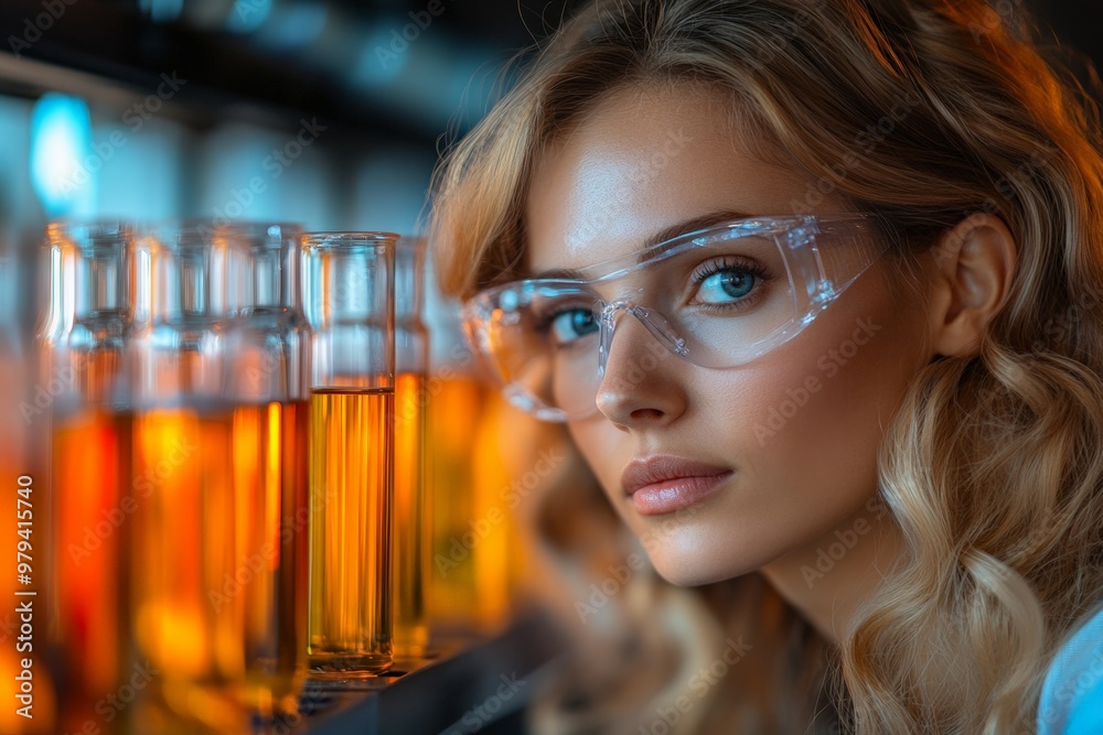 A young male scientist in protective glasses, carefully examining a row of test tubes in a laboratory, emphasizing focus, research, and scientific exploration. A young male scientist in protective glasses, carefully examining a row of test tubes in a laboratory, emphasizing focus, research, and scientific exploration.