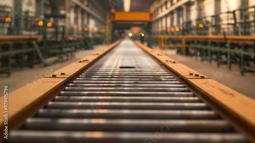 Abandoned Factory Conveyors, deserted assembly lines, remnants of industry, dust settling, a stark reminder of halted productivity and forgotten labor.