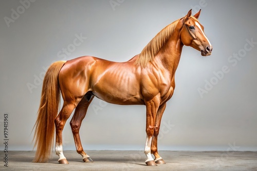 Magnificent chestnut American Quarter Horse with a shiny coat and muscular build stands proudly, its beautiful eyes and flowing mane captivating against a stark white background. photo