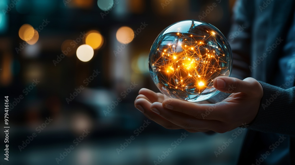 Fototapeta premium Hand Holding Glowing Crystal Ball with Network Connections