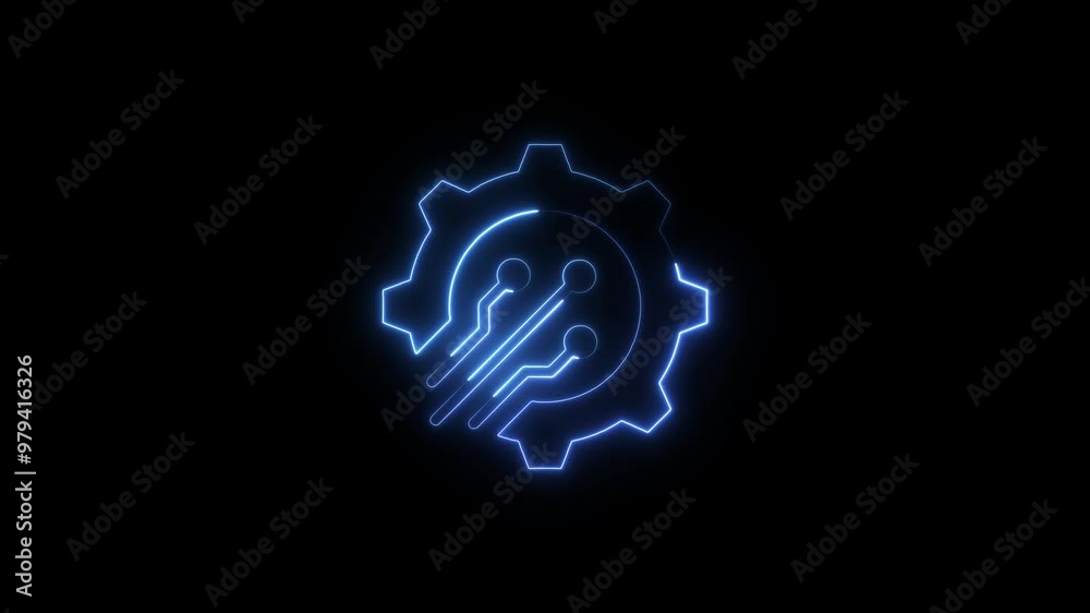 Human brain with tech icon. Neon icon with silhouette man head gears. Mental health concept. Abstract circuit brain animation.