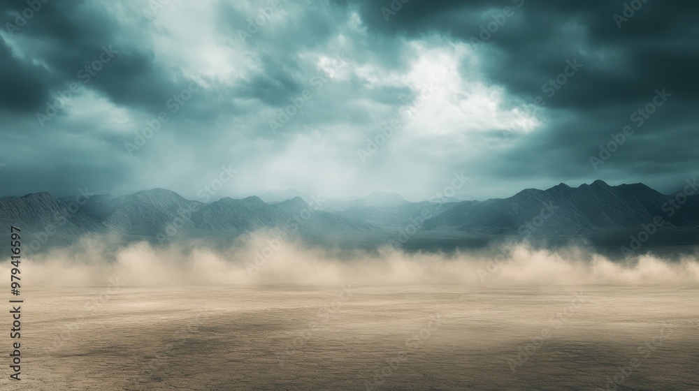 Empty desert under a turbulent sky, dunes forming ominous shadows, distant mountains barely visible through the dust, creating an overwhelming sense of isolation Empty desert under a turbulent sky, dunes forming ominous shadows, distant mountains barely visible through the dust, creating an overwhelming sense of isolation