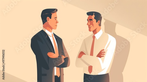 Two well dressed confident business professionals engaged in a serious discussion about decision making in a corporate office setting They appear to be colleagues or coworkers