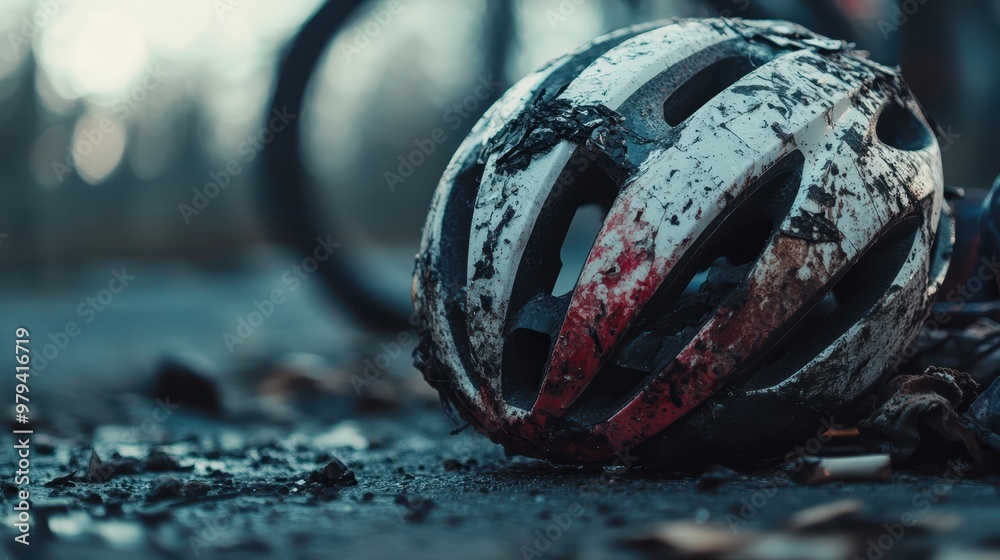 Intense close-up of a cracked helmet next to an injured cyclist, trauma visible from the impact of the accident, 16:9 format, [impact], [accident trauma].