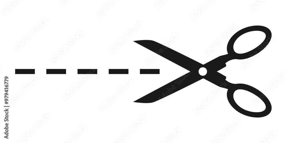 Scissors and dotted line, cut here icon on white background Scissors and dotted line, cut here icon on white background