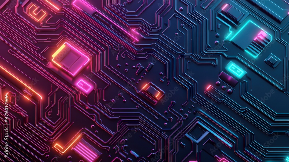 Neon Circuit Symphony, a vibrant blend of simplified circuit board patterns featuring bright neon highlights, perfect for gaming backgrounds and tech-inspired designs. Neon Circuit Symphony, a vibrant blend of simplified circuit board patterns featuring bright neon highlights, perfect for gaming backgrounds and tech-inspired designs.