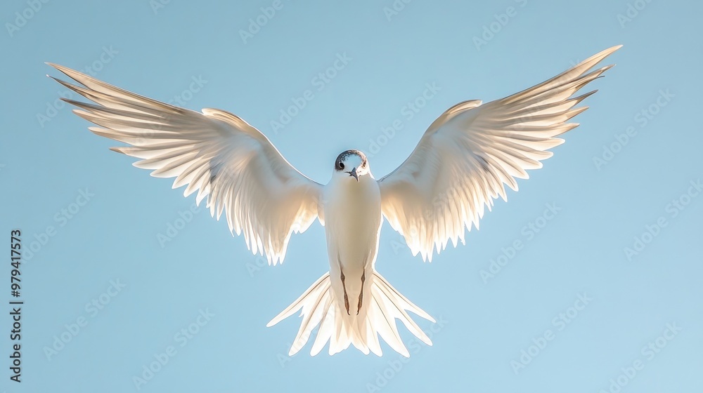 Fototapeta premium Close-up of a bird in mid-flight with wings spread wide, against a clear blue sky