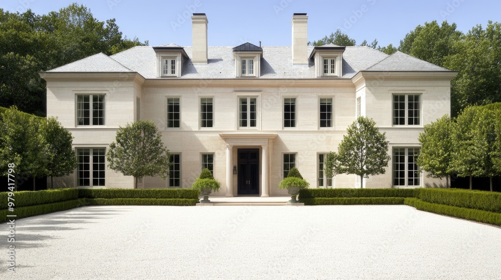 This beautiful colonial home showcases classic New England architecture with stone walls, large windows, a cobblestone driveway, and lush greenery on a sunny day This beautiful colonial home showcases classic New England architecture with stone walls, large windows, a cobblestone driveway, and lush greenery on a sunny day