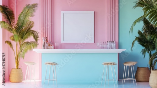 A cool bar mockup poster, pastel colors and summer vibes, with a large white frame hanging on the wall 