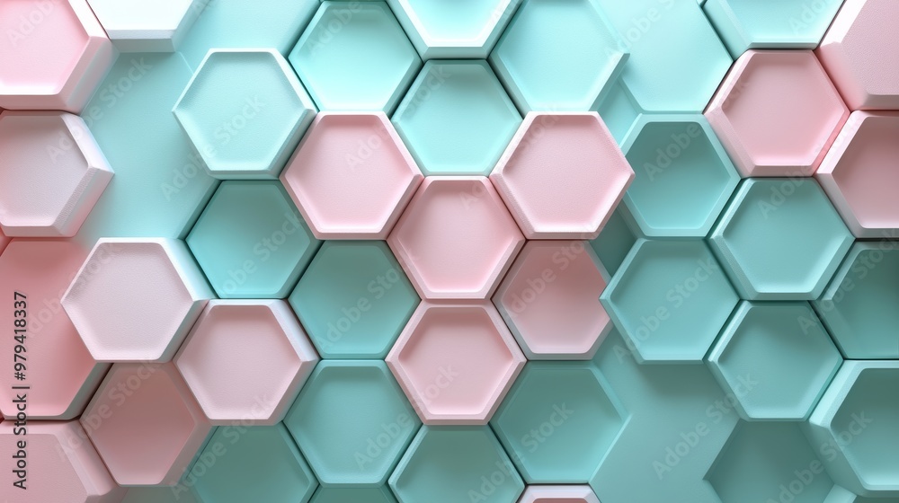 Abstract hexagonal grid pattern, soft pastel tones of pink and teal, smooth transitions between shapes, subtle 3D depth, minimalistic and calming modern design Abstract hexagonal grid pattern, soft pastel tones of pink and teal, smooth transitions between shapes, subtle 3D depth, minimalistic and calming modern design