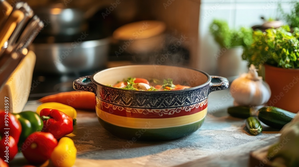 Close-up of a colorful enameled pot with a simmering stew, set on a kitchen counter with fresh vegetables around Close-up of a colorful enameled pot with a simmering stew, set on a kitchen counter with fresh vegetables around