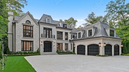 This beautiful colonial home showcases classic New England architecture with stone walls, large windows, a cobblestone driveway, and lush greenery on a sunny day