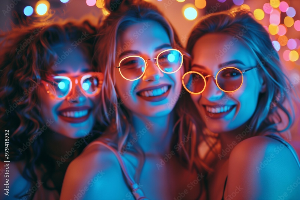 Obraz premium Three teenagers smile brightly while wearing colorful light up glasses at a vibrant party filled with decorations and cheerful ambiance