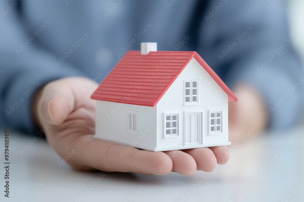 A small house model with a red roof held in a person's hand, symbolizing real estate, homeownership, and property investment. A small house model with a red roof held in a person's hand, symbolizing real estate, homeownership, and property investment.