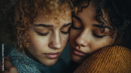 Emotional support portrait, a person comforting another through a tough emotional moment, creating a safe space.