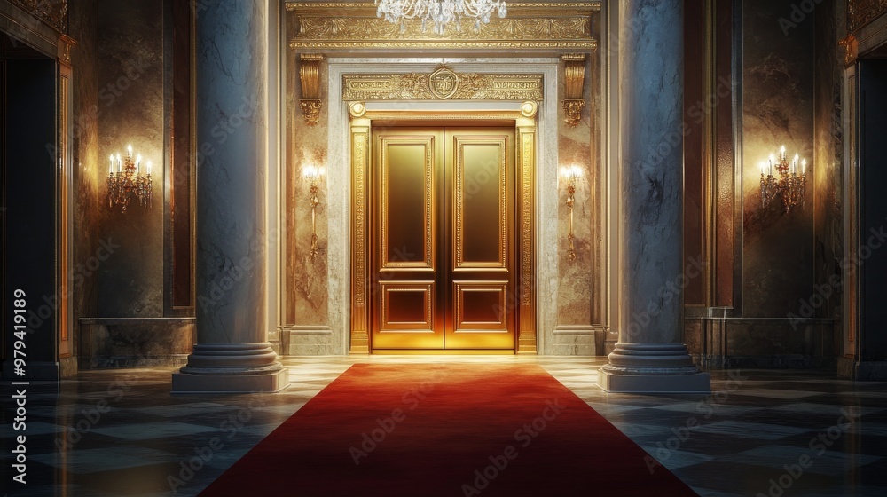 Luxury ballroom entrance with grand golden double doors, marble columns, and red carpet Luxury ballroom entrance with grand golden double doors, marble columns, and red carpet