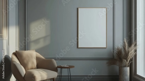 Mockup for a retro poster in a modern living room interior and a blank white paper picture is hung on the wall 