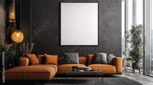 Mockup for a retro poster in a modern living room interior and a blank white paper picture is hung on the wall 