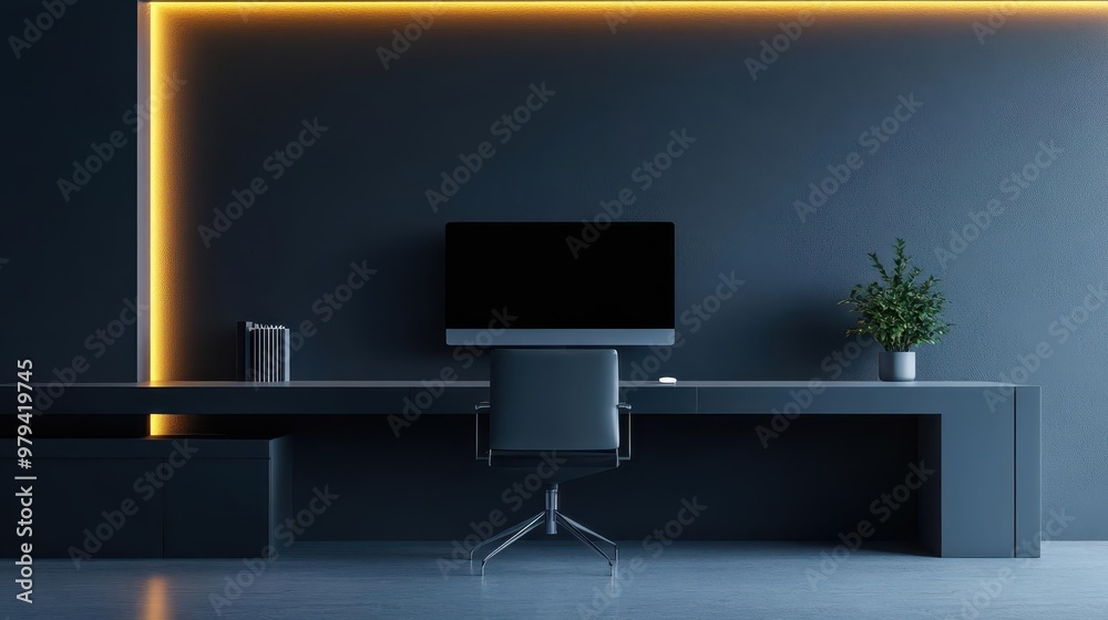 Workspace with sleek, minimalist furniture and ambient lighting, promoting productivity, minimal design productivity Workspace with sleek, minimalist furniture and ambient lighting, promoting productivity, minimal design productivity