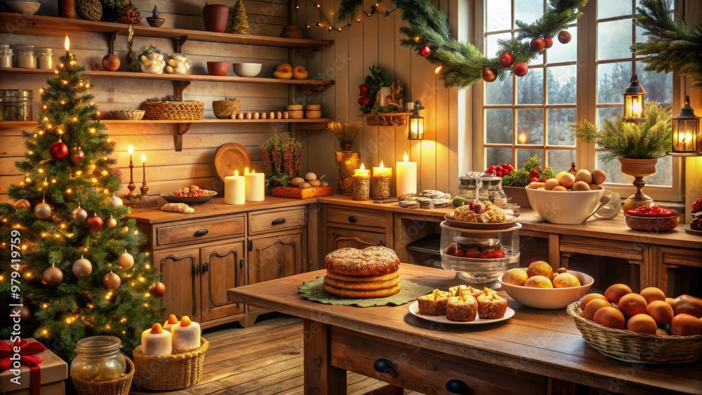 Warm intimate lighting illuminates traditional holiday treats and decorations surrounded by cozy cabinetry and soft textiles in a charming rustic home bakery scene Warm intimate lighting illuminates traditional holiday treats and decorations surrounded by cozy cabinetry and soft textiles in a charming rustic home bakery scene