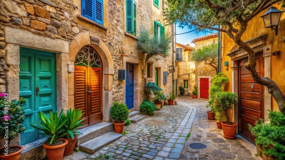 Obraz premium Sardinian charm rustic seaside village houses colorful doors shutters narrow cobblestone streets charming piazzas ancient olive trees warm soft light cinematic