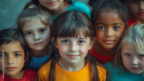 Group of diverse children smiling together outdoors in vibrant t-shirts on a sunny day
