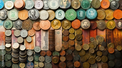 A collection of coins and paper money, including pennies, nickels, dimes photo