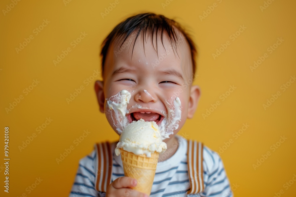Ice cream delight brings joy to a child's face. Heartwarming portrait of loving cute baby boy serene black setting. Innocence and familial love illustrated affectionate baby Ice cream delight brings joy to a child's face. Heartwarming portrait of loving cute baby boy serene black setting. Innocence and familial love illustrated affectionate baby