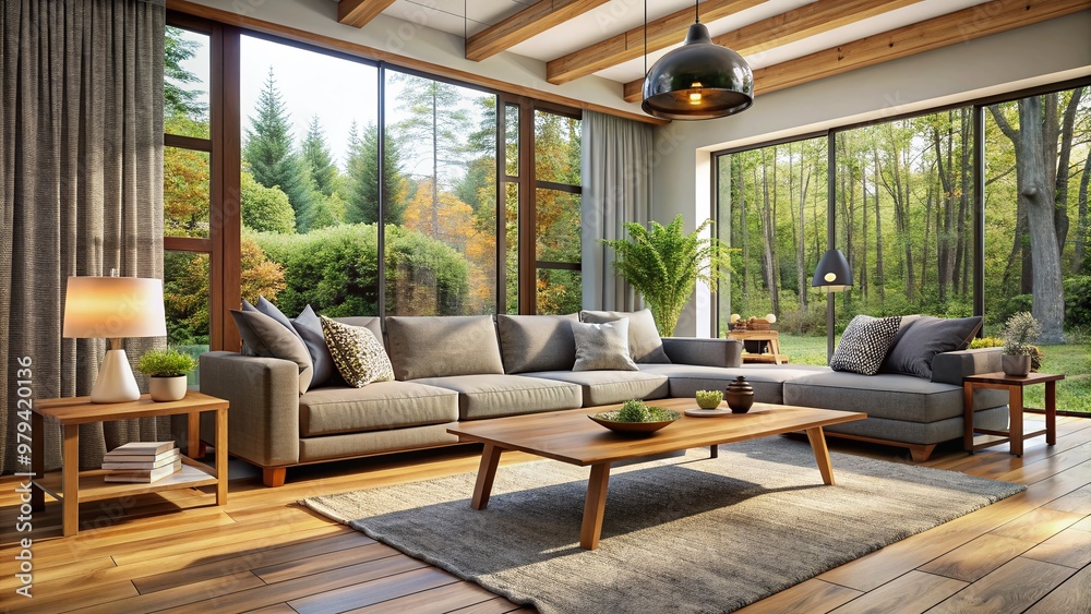 Cozy modern living room with sleek gray sofa, rustic wooden coffee table, and floor-to-ceiling windows filling the space with natural warm sunlight. Cozy modern living room with sleek gray sofa, rustic wooden coffee table, and floor-to-ceiling windows filling the space with natural warm sunlight.