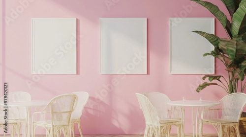 Mockup poster model, modern interior decoration, bar and summer atmosphere, pastel colors and white pictures in a single large frame hanging on the wall