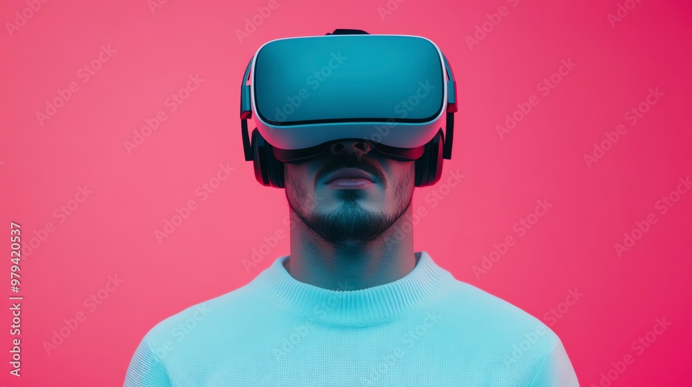A man experiences virtual reality with a modern VR headset against a vibrant pink background, showcasing immersive technology. A man experiences virtual reality with a modern VR headset against a vibrant pink background, showcasing immersive technology.