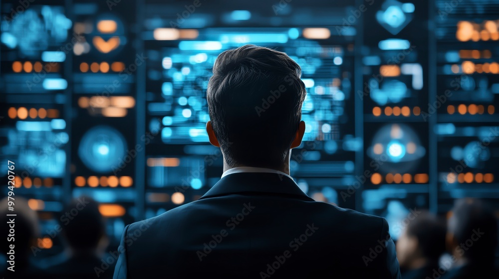 A professional observing digital data on screens, embodying the essence of technology and analytics in a modern workspace. A professional observing digital data on screens, embodying the essence of technology and analytics in a modern workspace.