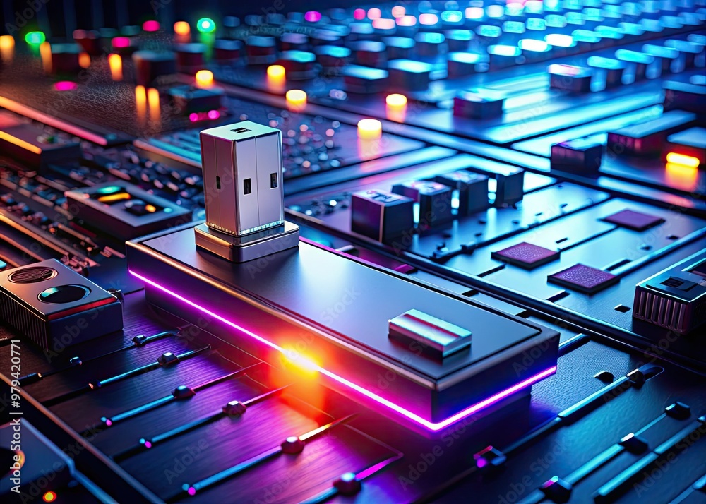 Futuristic, cyberpunk-inspired atmosphere envelops lit-up USB stick and B-mix equipment, set against dark, gradient background, evoking edgy, high-tech data transmission vibe.