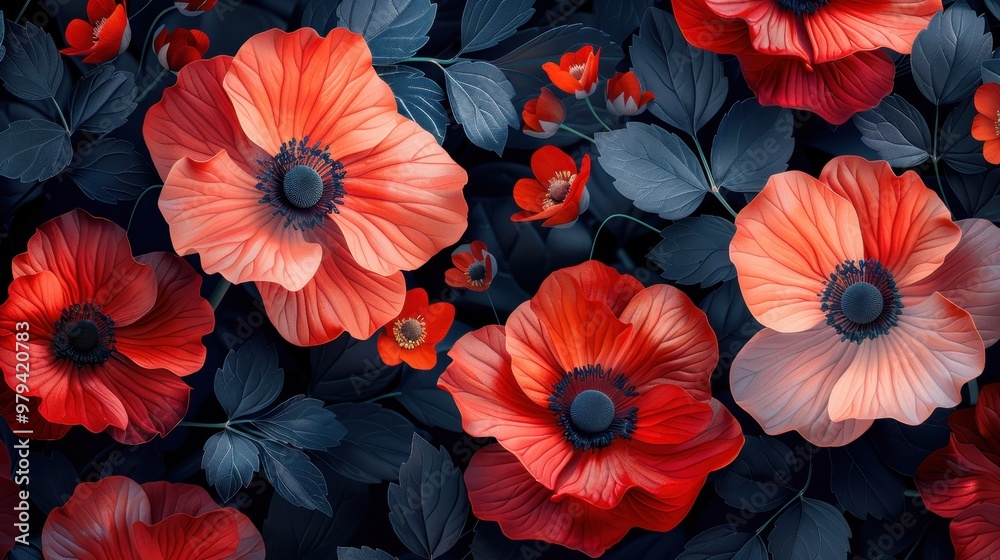 Vibrant red and pink flowers with dark foliage, creating a striking, elegant floral pattern. Perfect for backgrounds, prints, and design projects. Vibrant red and pink flowers with dark foliage, creating a striking, elegant floral pattern. Perfect for backgrounds, prints, and design projects.