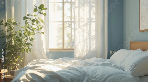 Serene bedroom with powder blue walls  white linens  and soft golden hour sunlight