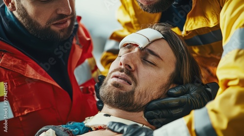 Emergency responders applying a neck brace to an injured person after a crash, close-up of the brace and injury, 16:9 widescreen, [crash], [emergency care]. photo