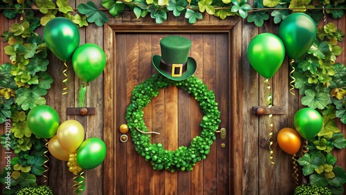 Vibrant green Shamrock garland and Leprechaun hat adorn a wooden door, surrounded by festive balloons and streamers, celebrating the luck of the Irish. photo