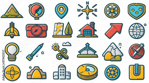 Vibrant and colorful set of vector travel and navigation icons, featuring various tools, maps, and symbols in a modern design.